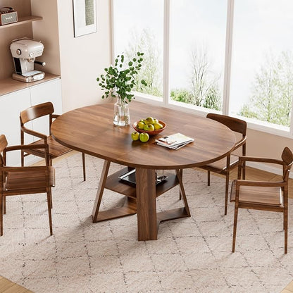 43.3in-59in Extendable Round Dining Table for 4-6,Modern Kitchen Oval Dining Table with Removable Leaves Space Saving,Wood Base with Storage Shelf for Kitchen Living Room