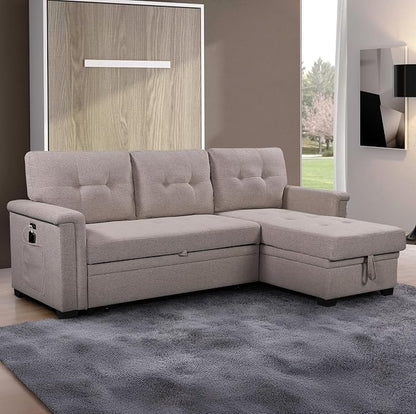 Lilola Home Convertible Sleeper Sofa Bed 84 Inch, L Shaped Sectional Couch with Pull Out Bed, USB Charging Ports, Storage Chaise for Living Room, Office, Linen Fabric, Light Gray
