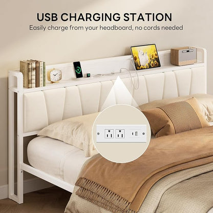 LIKIMIO King Bed Frames, PU Leather Storage Headboard with Charging Station, Solid and Stable, Noise Free, No Box Spring Needed, Easy Assembly, White