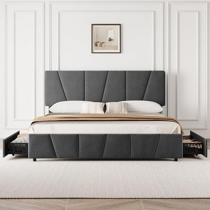 King Size Bed Frame with Upholstered Headboard & 4 Storage Drawers with Wheels, Platform Bed Frame with Wooden Slat Support, Adjustable Headboard, No Box Spring Needed, Noise-Free, for Bedroom