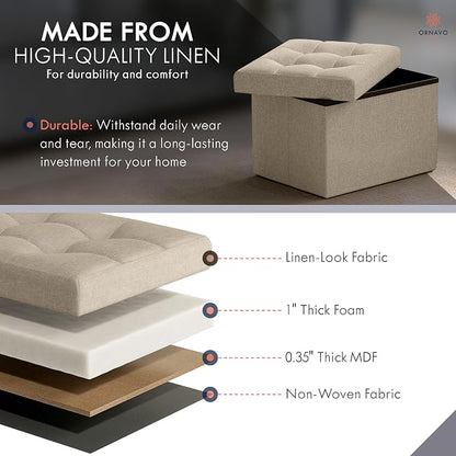 Ornavo Home Small Storage Ottoman Foldable Collapsible Rectangle Linen Ottoman Foot Rest Stool Seat, for Living Room, Bedroom, Home Office, Dorm - 12 x 16 x 12, Taupe