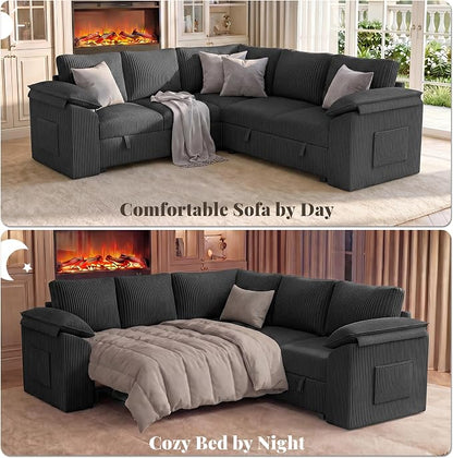 85 Inch Modular Sectional Sofa with Pull Out Couch Bed, L Shaped 5 Seat Sectional Couch with Storage, Corduroy Sectional Couches for Living Room, Cloud Modular Couch, Removable Sofa Cover, Dark Grey
