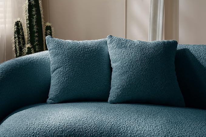 KEIKI 103" Boucle Half Moon Curved Sectional Sofa with 4 Throw Pillows, Modern 5-Seater Teddy Fleece Leisure Couch with Curved Backrest, Easy Assembly, for Apartment, Living Room, Bedroom, Blue
