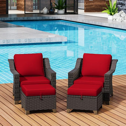 4 Pieces Patio Conversation Furniture Set - 2 Chairs with Ottomans Set of 2, Outdoor Wicker Armchairs with Water-Resistant and Washable Cushions for Porch, Balcony, Sunroom (Red)