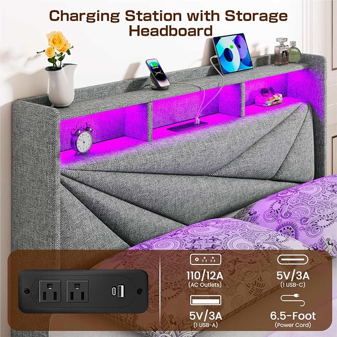 Driftalia LED King Size Bed Frame with 4 Storage Drawers, Upholstered King Bed Frame with 2-Tier Headboard and Charging Station, No Box Spring Needed, Easy to Assembly - Light Grey