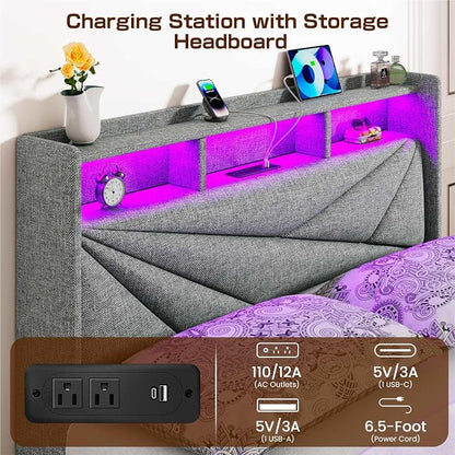Driftalia LED Full Size Bed Frame with 4 Storage Drawers, Upholstered Full Bed Frame with 2-Tier Headboard and Charging Station, No Box Spring Needed, Easy to Assembly - Light Grey