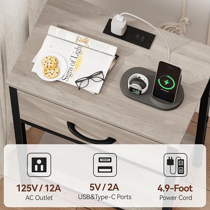 Vagusicc Nightstand with Charging Station, End Table with Fabric Drawer, Small Side Table with 2-Tier Storage Shelves, 25.4" Tall Night Stand, Bedside Table for Bedroom, Living Room, Dorm, Greige