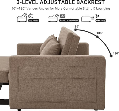 55.5" Fabric Convertible Sofa Bed, Pull Out Sleeper Sofa Bed, Loveseat Couch with Side Pocket, 3 in 1 Convertible Sleeper Sofa Bed for Living Room, Apartment, Bedroom, RV, Brown