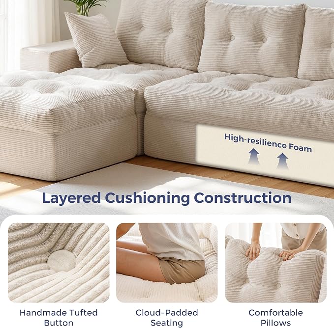 MAXYOYO 96" L Shaped Modular Sectional Sofa with Ottoman, Cloud Boneless Couch with Layered Cushion, Upholstered Sofa in a Box, Flexible Module Combination for Living Room, No Assembly, Beige