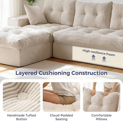 MAXYOYO 96" L Shaped Modular Sectional Sofa with Ottoman, Cloud Boneless Couch with Layered Cushion, Upholstered Sofa in a Box, Flexible Module Combination for Living Room, No Assembly, Beige