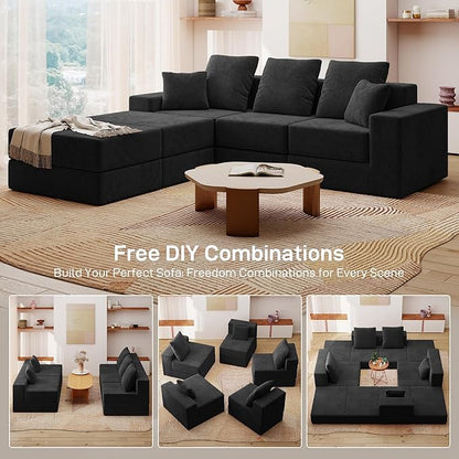 Living&Giving 101" U-Shaped Cloud Sectional Couch for Living Room, Cloud Boneless Couch-No Assembly with Reversible Chaise, Customizable 3-Seat Modular Sectional Sofa with 2 Ottoman, Black