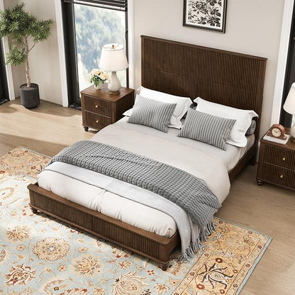 3-Pieces Bedroom Sets, Queen Size Platform Bed with 2 Nightstands, Solid Wood Platform Bed Frame with Tall Headboard and Classic American Turned Legs (Brown-5.25, Queen)