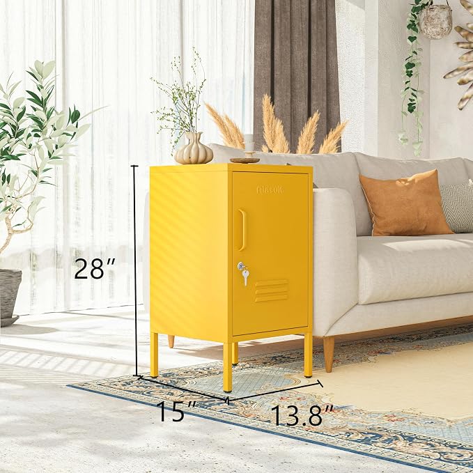 Single Door Lockable Metal End Table & Children's Bedside Table, 2-Tier Storage Cabinet with Adjustable Shelf, Easy Assembly Side Table for Living Room Bedroom Home Office Yellow