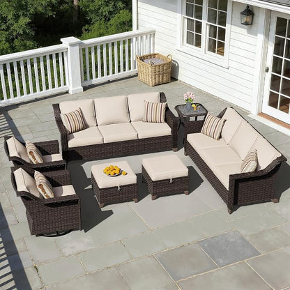 7 Pieces Patio Conversation Furniture Set - 2 Sofas, 2 Ottomans, 2 Swivel Chairs, 1 Side Table, Outdoor Wicker Furniture with Removable Cushions for Porch, Balcony, Sunroom (Beige)