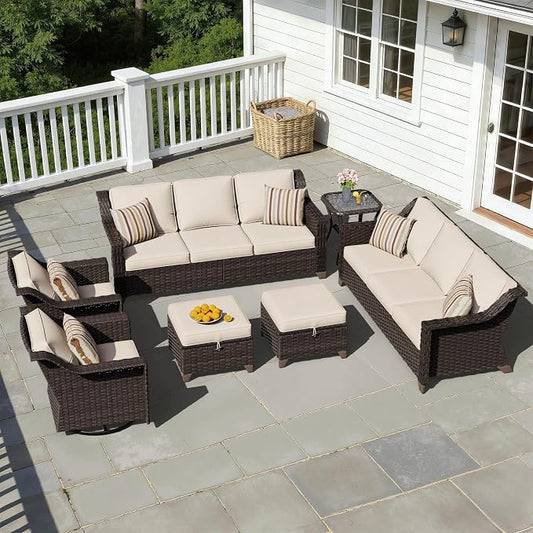 7 Pieces Patio Conversation Furniture Set - 2 Sofas, 2 Ottomans, 2 Swivel Chairs, 1 Side Table, Outdoor Wicker Furniture with Removable Cushions for Porch, Balcony, Sunroom (Beige)