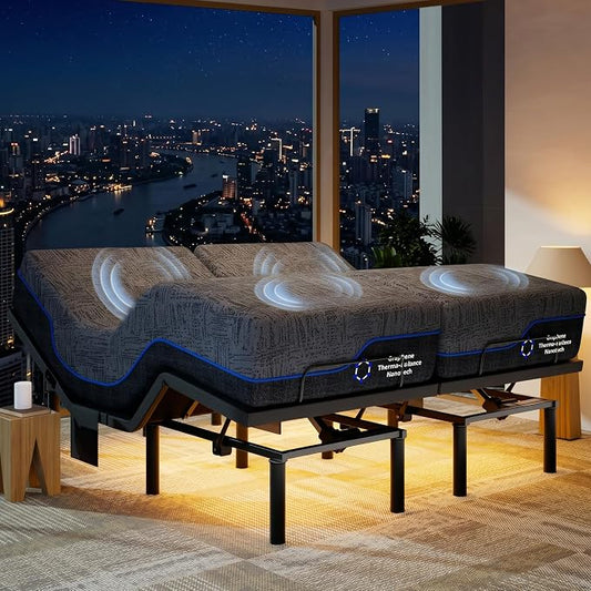 Marsail NS1 Massage Adjustable Base with Mattress Set, Split King Adjustable Bed Frame + 14-inch Cooling Gel Memory Foam Mattress, Dual Motor Bed Frame with Wireless Remote, CertiPUR-US Certified