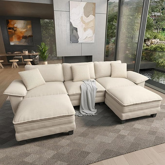 HERA'S HOUSE 124" Oversized Modular Sectional Sofa, Comfy U Shaped Couches for Living Room, Cloud Couch with Ottoman, 5-Seater Deep Seat Sofa with Throw Pillow, Chenille Beige