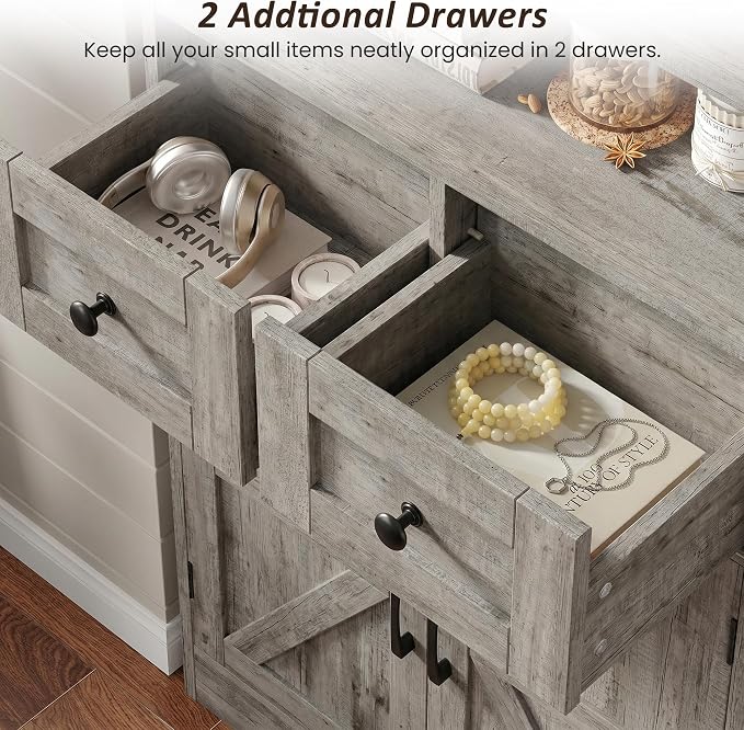 Befrases Farmhouse Storage Cabinet with Drawers and Adjustable Shelves, Freestanding Kitchen Pantry Storage Cabinet, Floor Storage Cupboard for Dining Living Room Home Office, Washed Grey