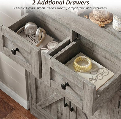 Befrases Farmhouse Storage Cabinet with Drawers and Adjustable Shelves, Freestanding Kitchen Pantry Storage Cabinet, Floor Storage Cupboard for Dining Living Room Home Office, Washed Grey