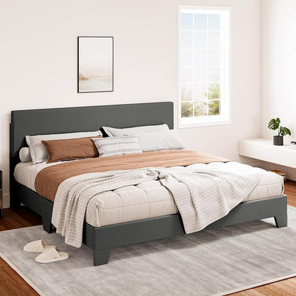 SHA CERLIN Linen Upholstered King Size Bed Frame with Headboard, Dark Gray | Adjustable Low-Profile Platform Bed, Minimalist Design, Stable Mattress Foundation, Strong Back-Support, No Box Spring Needed