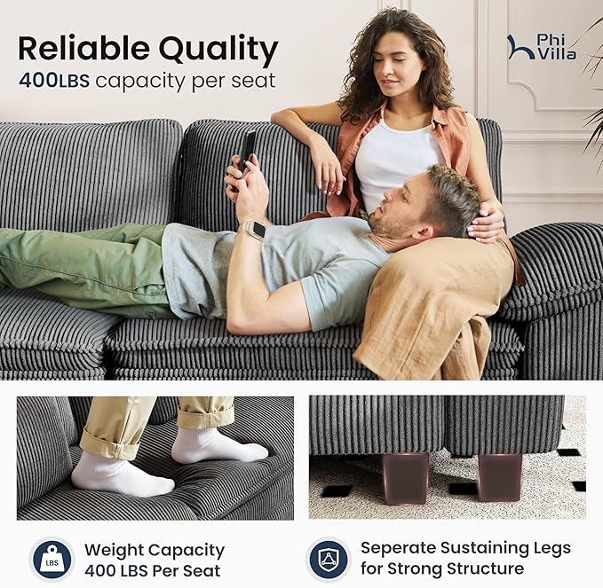 PHI VILLA Cloud Modular Couch Sets, 123.6" Sectional Sofa with L-Shaped Chaise, 4-Seater Upholstered Couches with MCorduroyovable Ottoman for Living Room, Corduroy Fabric, Grey