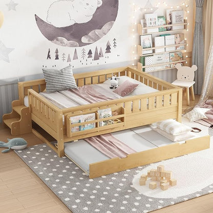 Bellemave Full Kids Montessori Bed with Stairs, Bookshelf and Trundle, Solid Wood Kids Bed Frame with Storage for Boys Girls, Low Profile,Light Natural