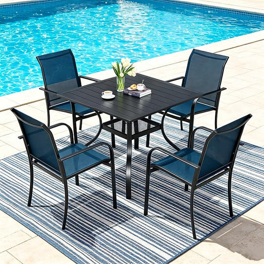 SUNCROWN 5 - Piece Furniture Set, Outdoor Dining Set with 4 x Textilene Dinning Chairs and 1 Steel Slat Metal Bistro Table for Lawn Garden Backyard Deck, Dark Blue
