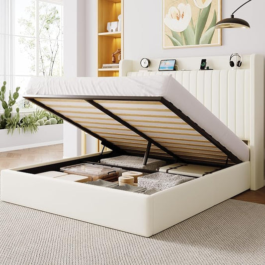 Allewie Queen Size Lift Up Storage Bed Frame,Storage Shelf Headboard with Charging Station,Type-C and USB Ports,Hydraulic Support,Velvet Upholstered Bed Frame,No Box Spring Needed,Cream