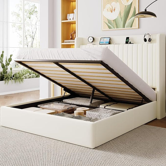 Allewie Full Size Lift Up Storage Bed Frame,Storage Shelf Headboard with Charging Station,Type-C and USB Ports,Hydraulic Support,Velvet Upholstered Bed Frame,No Box Spring Needed,Cream