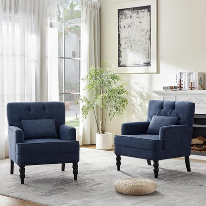 HUIMO Set of 2 Accent Chairs for Living Room, Tufted Upholstered Club Chairs with Lumbar Pillows, Vintage Reading Armchairs with Solid Wood Legs for Bedroom Apartment, Indigo Blue