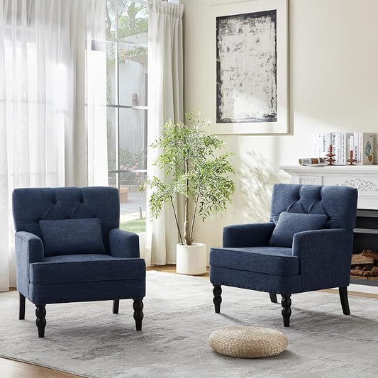 HUIMO Set of 2 Accent Chairs for Living Room, Tufted Upholstered Club Chairs with Lumbar Pillows, Vintage Reading Armchairs with Solid Wood Legs for Bedroom Apartment, Indigo Blue