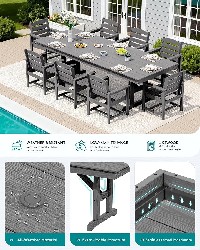SERWALL 9 Piece 84" HDPE Outdoor Dining Set for 8 with Armchairs and Umbrella Hole, Gray