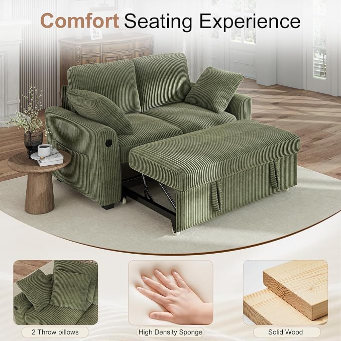 Hanherry 59" Loveseat Sofa with Pull Out Couch Bed, Corduroy 2-in-1 Convertible 2 Seater Sleeper Sofa with USB Charging,Comfy Love Seat for Small Spaces Living Room Apartment