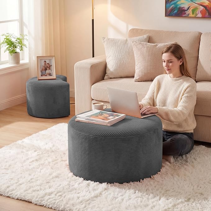 BSHOMGI Boneless Ottoman Nesting Coffee Table Set of 2,Corduroy Soft Foot Rest Movable LargePouf Footstool for Living Room Sofa Couch Bedroom Entryway and Small Spaces No Assembly (Dark Gray)