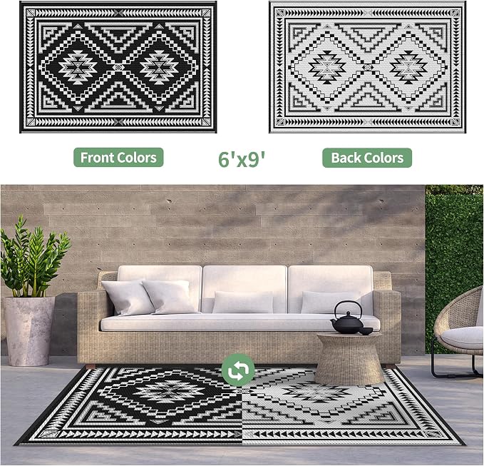 GENIMO Outdoor Rug for Patio Clearance - 6x9 ft Waterproof Plastic Camping Rugs, Reversible Outside Rv Mat Carpet for Porch, Deck, Picnic, Balcony, Beach, Backyard, Black White