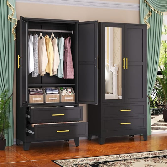 GAIOUS Steel Armoire Wardrobe Closet with Mirror and 2 Drawers 71" Black | Clothes Storage Cabinets with 2 Doors, 1 Adjustable Shelf, Metal Wardrobe Cabinet with Hanging Rod for Bedroom, Gym, Cloak