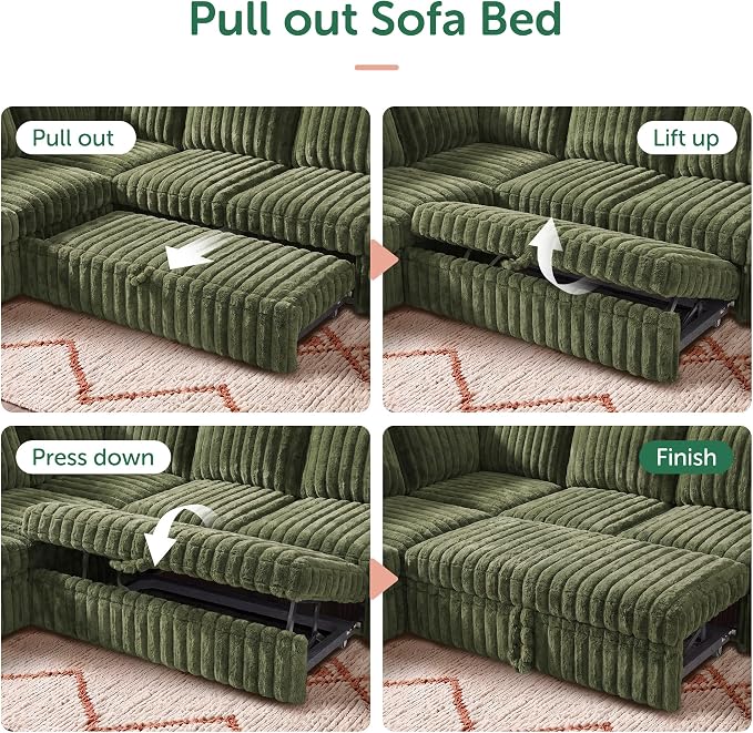 HONBAY Plush Corduroy Modular Sectional Sofa with Pull Out Bed L Shaped Sleeper Sofa with Storage Sectional Couches for Living Room,Plush Green