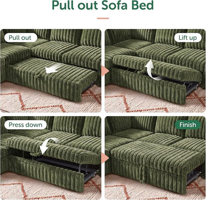 HONBAY Plush Corduroy Modular Sectional Sofa with Pull Out Bed L Shaped Sleeper Sofa with Storage Sectional Couches for Living Room,Plush Green