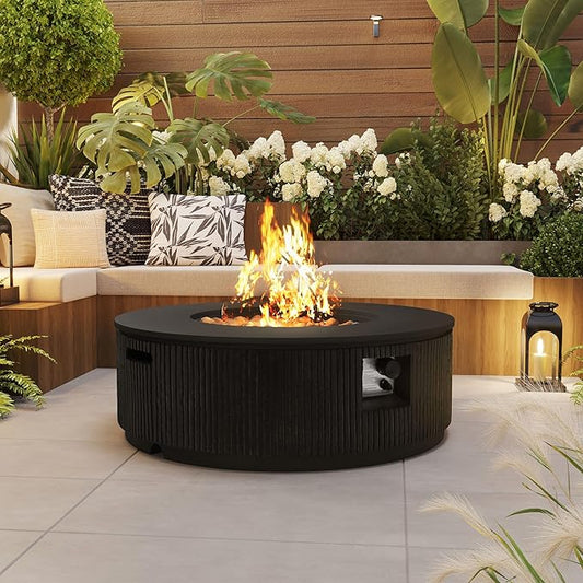 Merax 38.19'' MGO Propane Outdoor Fire Pit with Vertical Stripe Design, 50000 BTU Round Fire Pit Table with Steel Burner, Adjustable Flame Control, Lava Rocks & Rain Cover for Patio&Backyard, Black