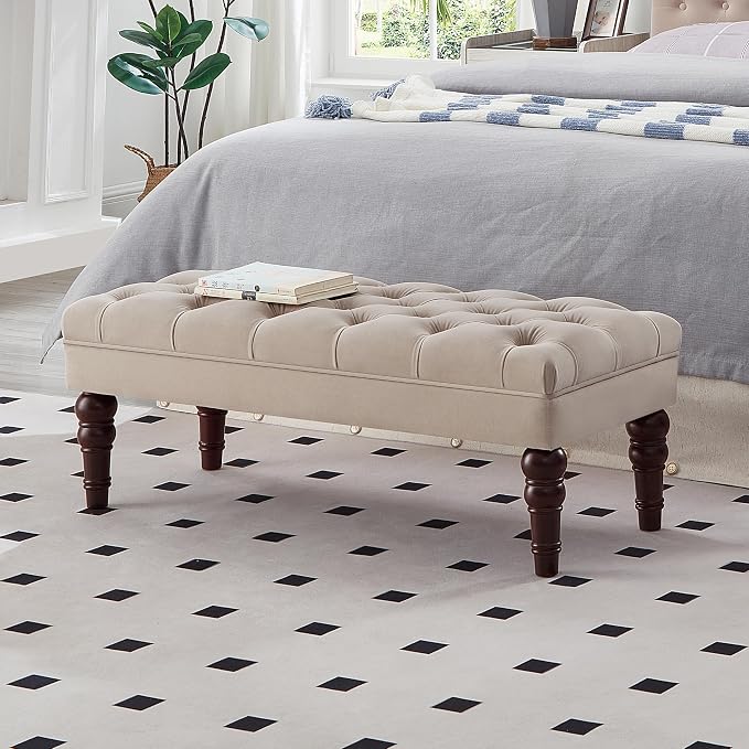 24KF Velvet Upholstered Buttons Tufted Entryway Bench with Solid Wood Leg,Bed Bench Ottoman with Padded Seat,5061N-Taupe