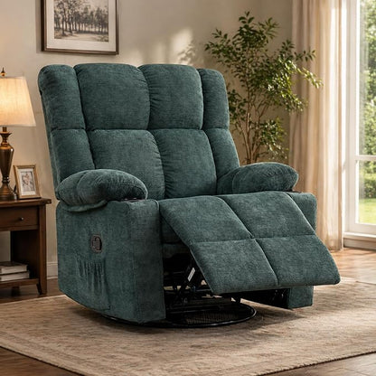 Swivel Rocker Recliner,Rocking Reclining Chair with Adjustable Headrest for Adults,Upholstered Fabric Swivel Recliner Chair for Bedroom,Living Room,Green