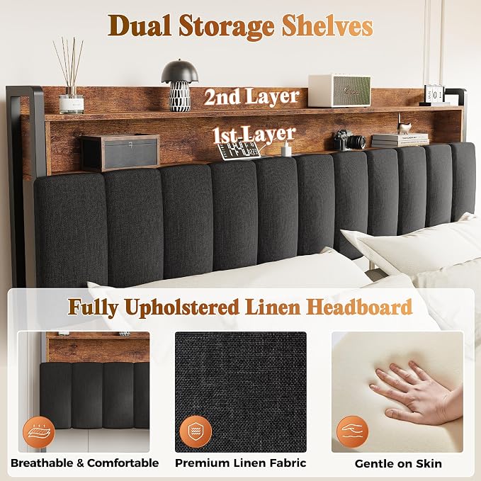 PRAISUN Bed Frame King Size with Upholstered Headboard & Charging Station, King Bed Frame with 4 Storage Drawers, 2-Tier Open Shelves, No Box Spring Needed, Slient Foam Strip, Easy Assembly, Black