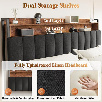 PRAISUN Bed Frame King Size with Upholstered Headboard & Charging Station, King Bed Frame with 4 Storage Drawers, 2-Tier Open Shelves, No Box Spring Needed, Slient Foam Strip, Easy Assembly, Black