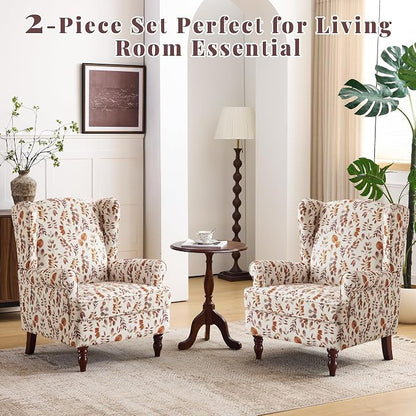 EROMMY Floral Accent Chair, Comfortable High Back Upholstered Armchair with Solid Wood Legs, Leisure Single Sofa Chair for Living Room, Home Office, Bedroom, Orange Floral