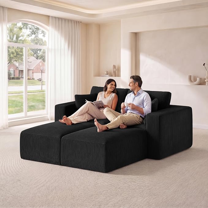 Modular Sectional Sofa Bed with Ottoman, 79" Memory Foam Cloud Couch, Boneless Loveseat Corduroy Upholstered Floor Couch, No Assembly Required Living Room Furniture for Apartment Bedroom, Black