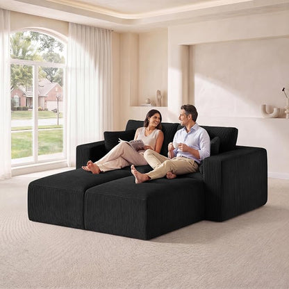 Modular Sectional Sofa Bed with Ottoman, 79" Memory Foam Cloud Couch, Boneless Loveseat Corduroy Upholstered Floor Couch, No Assembly Required Living Room Furniture for Apartment Bedroom, Black