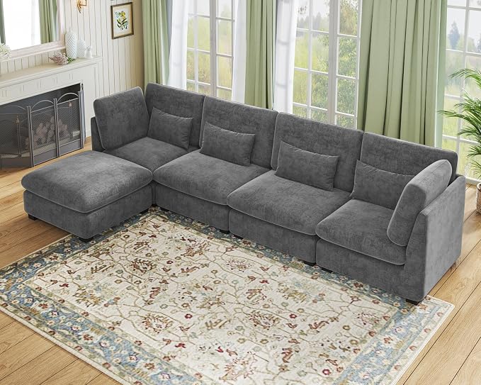 154" Oversized Chenille Couch Modular Sectional Sofa, Washable Cloud Couch Sectional with Ottoman, 5 Seater Sectional Couches for Living Room, Fully Cover Removable, L Shaped, Chenille, Grey