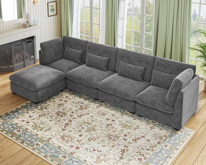 154" Oversized Chenille Couch Modular Sectional Sofa, Washable Cloud Couch Sectional with Ottoman, 5 Seater Sectional Couches for Living Room, Fully Cover Removable, L Shaped, Chenille, Grey