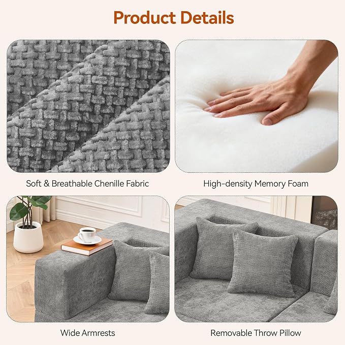 MONVANE Modular Sectional Cloud Couch for Living Room - 130'' 6 Seater Convertible Chenille Couches Set with Ottoman, No Assembly Compression Sofas, Comfy Floor Sofa with Memory Foam, Light Grey