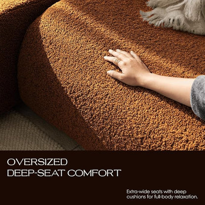 110" 3-Seater Modular Sectional Sofa, Sherpa Cloud Couch with Deep Seat Comfort, Boneless Curved Sofas with High-Density Foam Strong Support, Modern Cozy Sofa for Living Room – No Assembly, Brown